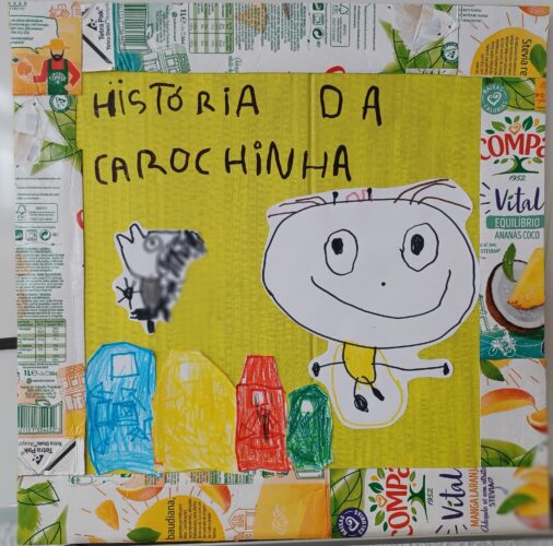 Ilustração da capa do livro com recortes de embalagens Tetra Pak e de desenhos produzidos pelos alunos.