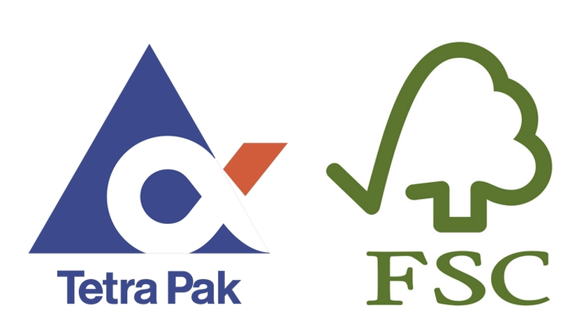 Símbolo da Forest Stewardship Council (FSC) - organização sem fins lucrativos, de âmbito internacional, dedicada à promoção de uma gestão florestal ambientalmente adequada e da Tetra Pak - empresa dedicada ao fabrico embalagens alimentares.