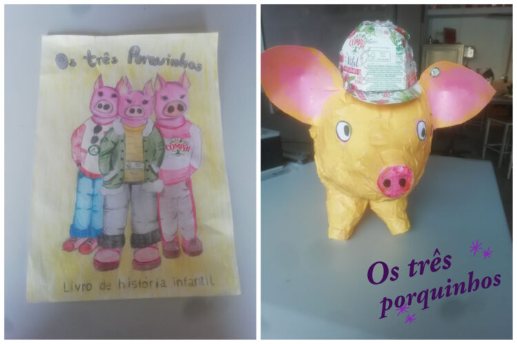 Os três porquinhos<br/>Trabalho final constituído pela capa do livro e pela personagem principal - um dos três porquinhos.