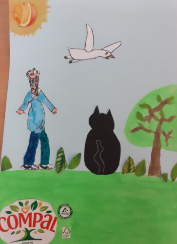 Capa /ilustração da "História de uma gaivota e de um gato que a ensinou a voar" - gaivota, gato e o poeta.
