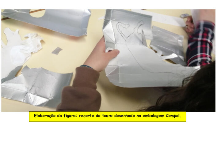 Os alunos desenharam o touro na embalagem Compal e recortaram a figura.