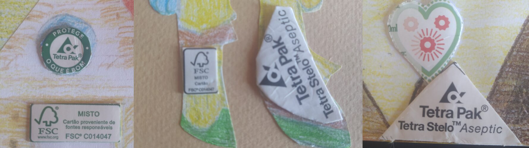 Símbolos FSC e Tetrapak recortados da embalagem e colados.